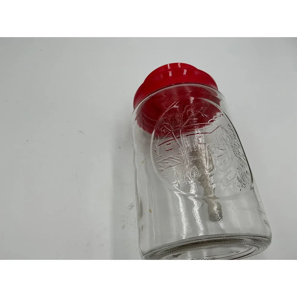 Vintage Bridge Glass Canister Embossed Cabin Scene Red Lid Kitchen Jar 1082